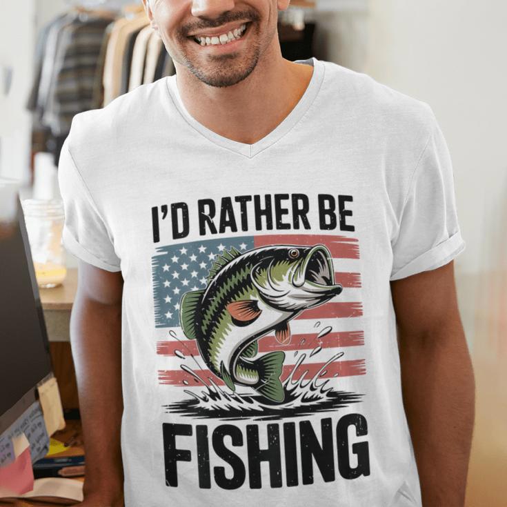I'd Rather Be Fishing Bass Fish Dad Joke American Flag Men's V-Neck T-Shirt I'd Rather Be Fishing Bass Fish Dad Joke American Flag Men's V-Neck T-Shirt