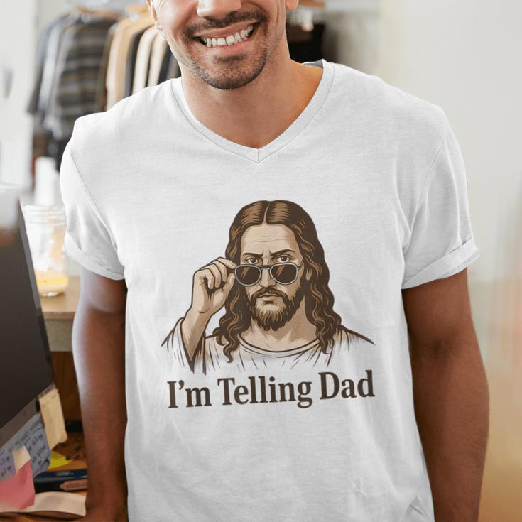 I'm Telling Dad Jesus Wearing Sunglasses Christian Fathers Men's V-Neck T-Shirt I'm Telling Dad Jesus Wearing Sunglasses Christian Fathers Men's V-Neck T-Shirt