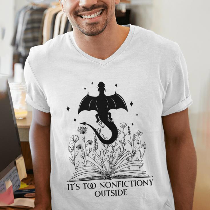 It's Too Nonfictiony Outside Book Dragon Reading Fantasy Era Premium Tri-Blend Men's V-Neck T-Shirt It's Too Nonfictiony Outside Book Dragon Reading Fantasy Era Premium Tri-Blend Men's V-Neck T-Shirt