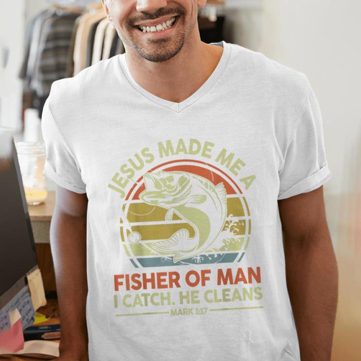 Jesus Made Fisher Man Christian Fishing Bass Fish Dad Men's V-Neck T-Shirt