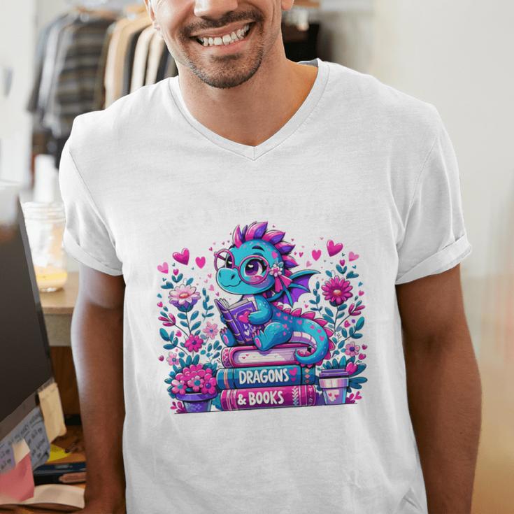 Just A Girl Who Loves Dragons And Books Cute Dragon Reading Premium Tri-Blend Men's V-Neck T-Shirt