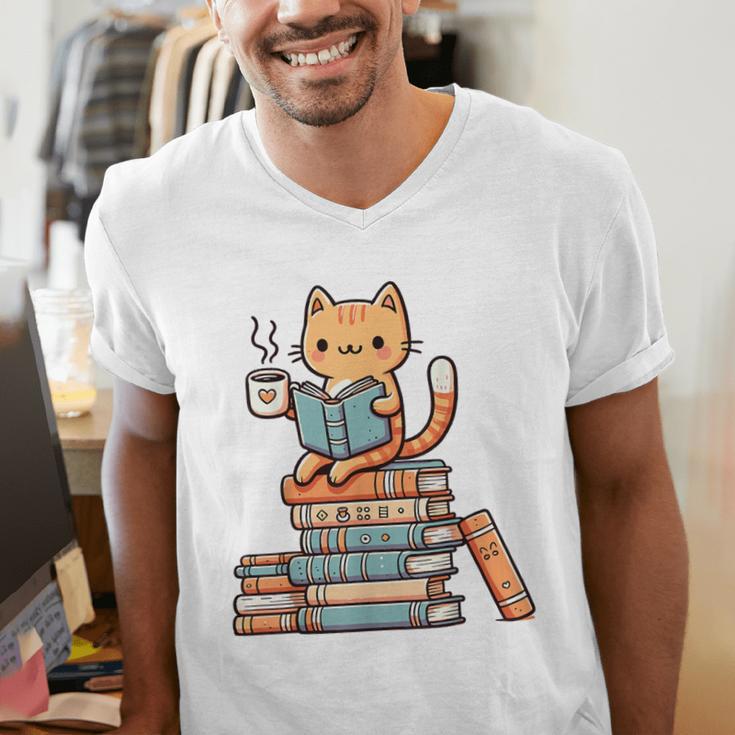 Kawaii Cat Coffee Books Teacher Men Women Girls Kids Men's V-Neck T-Shirt