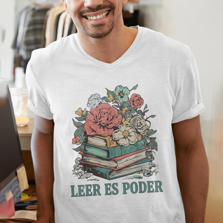 Leer ES Poder Cute Floral Spanish Teacher Book Reading Men's V-Neck T-Shirt