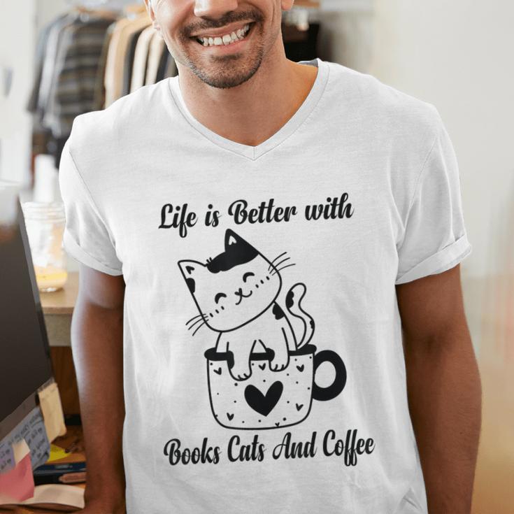 Life Is Better With Books Cats And Coffee Shirt Men's V-Neck T-Shirt Life Is Better With Books Cats And Coffee Shirt Men's V-Neck T-Shirt