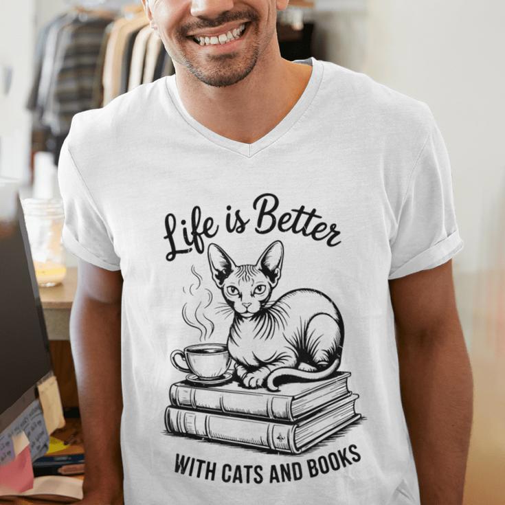 Life Is Better With Cats & Books Sphynx Cat Mom Women Men's V-Neck T-Shirt