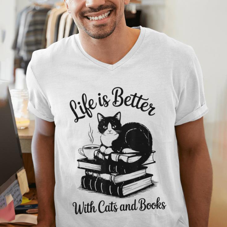 Life Is Better With Cats & Books Tuxedo Cat Mom Women Men's V-Neck T-Shirt