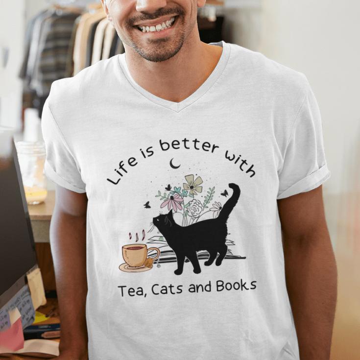 Life Is Better With Tea Cats And Books Cat Sayings Men's V-Neck T-Shirt Life Is Better With Tea Cats And Books Cat Sayings Men's V-Neck T-Shirt