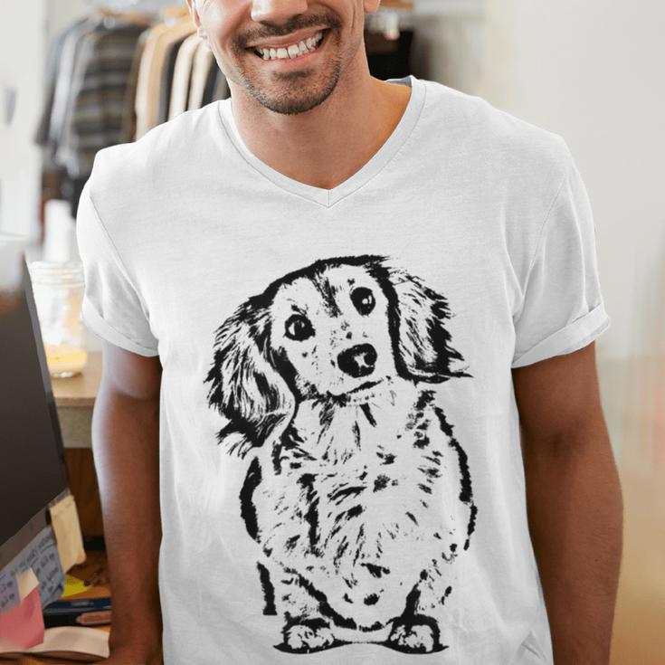 Long Hair Dachshund Lover Doxie Mom Dad Cute Wiener Dog Small Men's V-Neck T-Shirt
