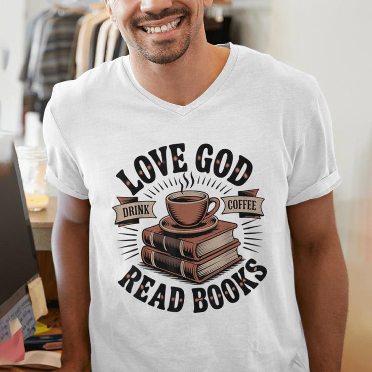 Love God Drink Coffee Read Books – Vintage Spiritual Reading Men's V-Neck T-Shirt Love God Drink Coffee Read Books – Vintage Spiritual Reading Men's V-Neck T-Shirt