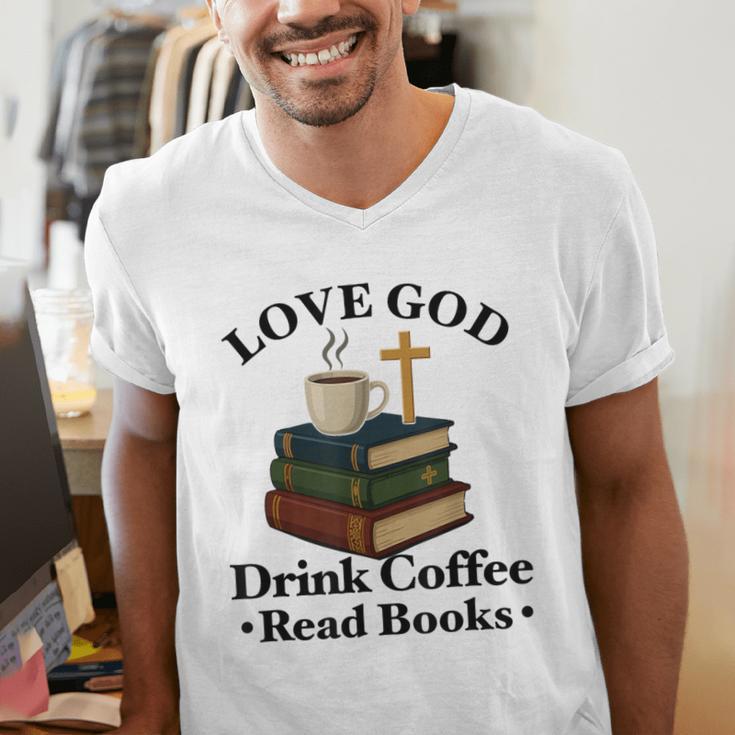 Love God Drink Coffee Read Books Lovers Jesus And Coffee Men's V-Neck T-Shirt