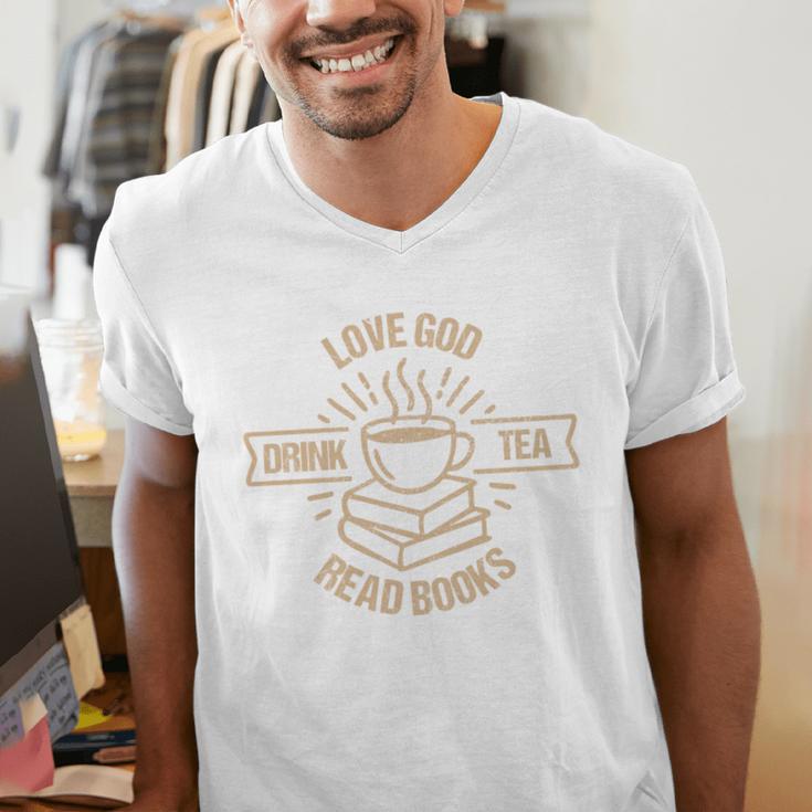 Love God Drink Tea Read Books Lovers Vintage Christian Men's V-Neck T-Shirt