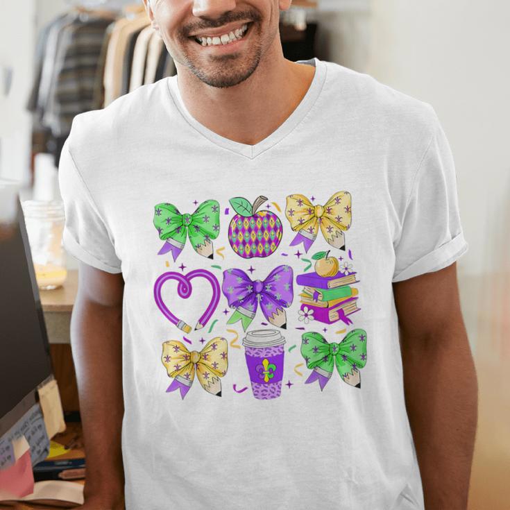 Mardi Gras Teacher Coquette Bow Pencil Apple Book Women Girl Men's V-Neck T-Shirt