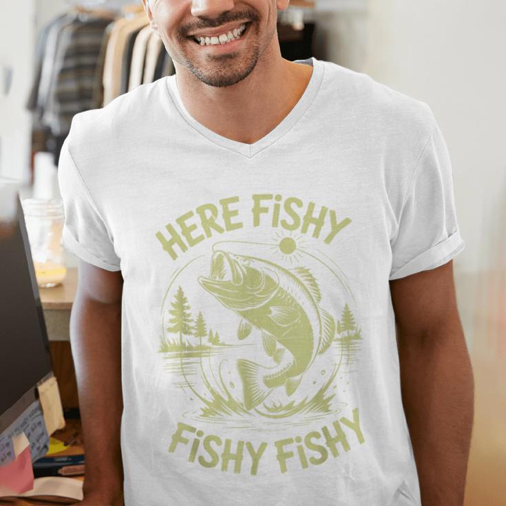 Men Here-Fishy Bass Fish Dad Fishing From Daughter Son Men's V-Neck T-Shirt