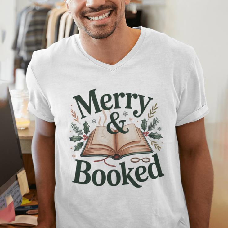 Merry And Booked Holiday Reading Winter Book Lover Premium Tri-Blend Men's V-Neck T-Shirt