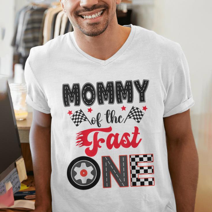 Mommy Of The Fast One Car Racing Dad 1St Birthday Boy Men's V-Neck T-Shirt