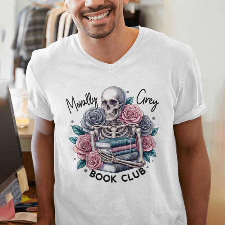 Morally Grey Skeleton Reading Smut Smutty Spicy Books Lover Men's V-Neck T-Shirt