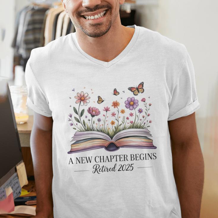 a New Chapter Begins Retired 2025 Floral Book Retirement Men's V-Neck T-Shirt