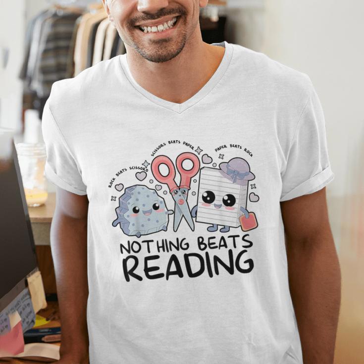 Nothing Beats Reading Rock Paper Scissors Book Lover Teacher Men's V-Neck T-Shirt