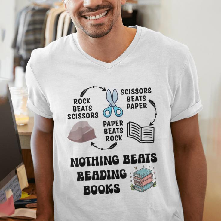 Nothing Beats Reading Rock Paper Scissors Reader Book Lover Men's V-Neck T-Shirt