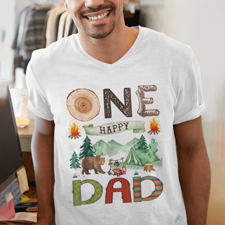 One Happy Dad Camper 1st Birthday Boy Camping Bear Men's V-Neck T-Shirt