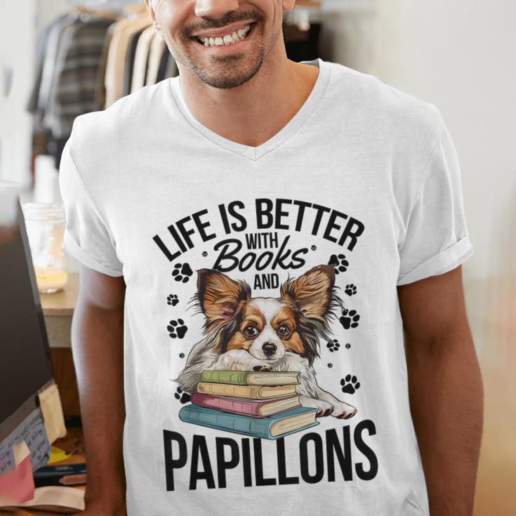 Papillon Dog Breed Life Is Better With Books And Papillons Men's V-Neck T-Shirt