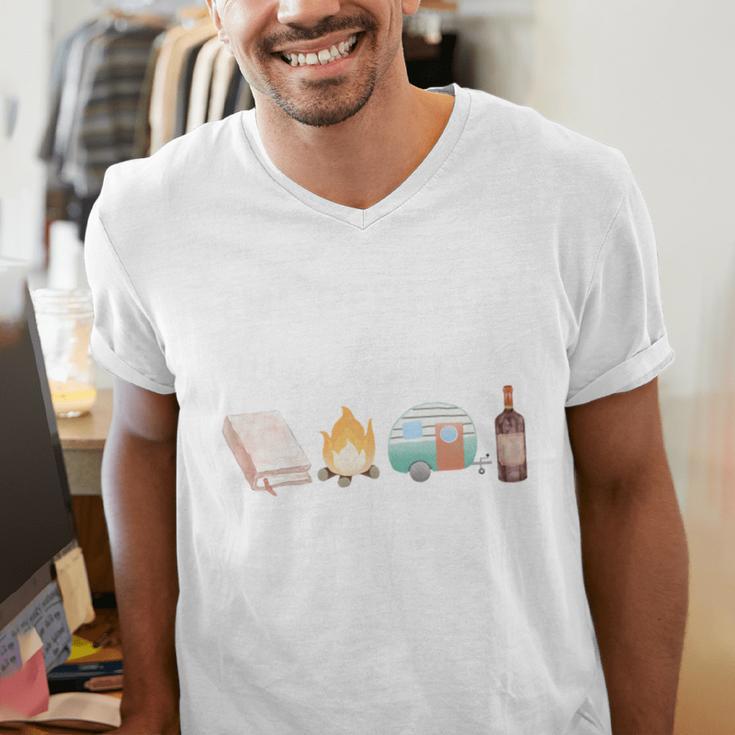 The Perfect Weekend Camping Essentials Wine Books Campfire Men's V-Neck T-Shirt