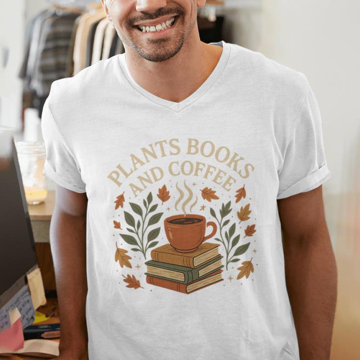 Plants Books And Coffee Nature Leaves Reading Book Lover Premium Tri-Blend Men's V-Neck T-Shirt
