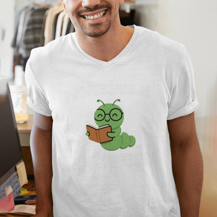 Professional Bookworm Reading Lover Cute Worm Glasses Book Men's V-Neck T-Shirt
