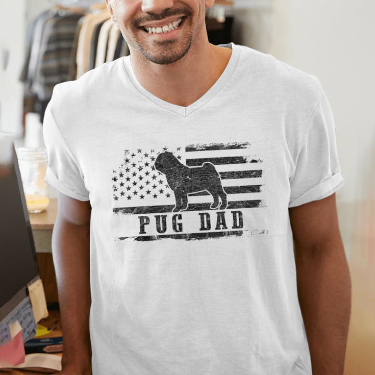 Pug Dad Distressed American Flag Patriotic Dog Men's V-Neck T-Shirt