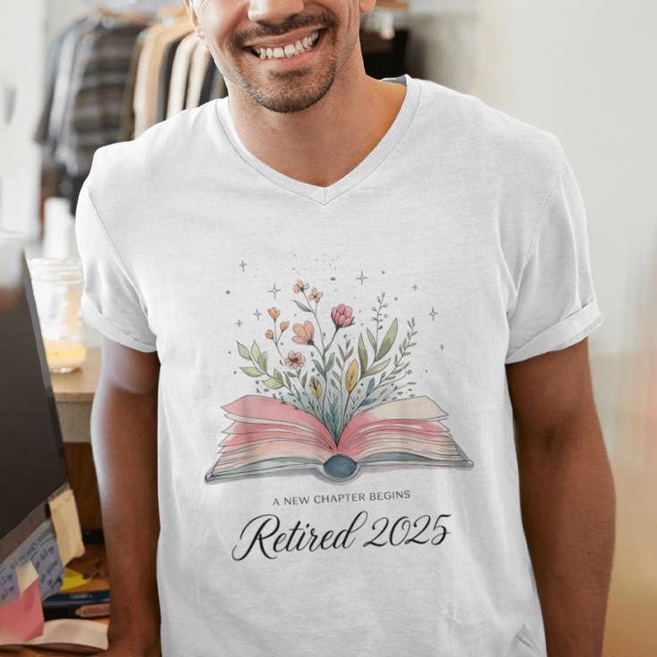 Quote New Chapter Begins Retired 2025 Floral Open Book Men's V-Neck T-Shirt Quote New Chapter Begins Retired 2025 Floral Open Book Men's V-Neck T-Shirt