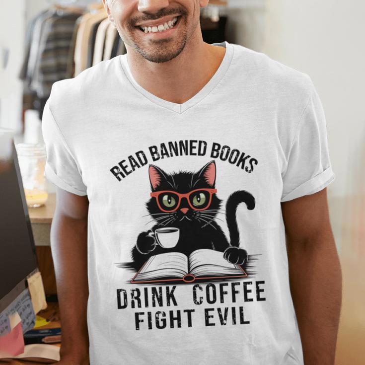 Read Banned Books Drink Coffee Fight Evil Retro Cat Men's V-Neck T-Shirt