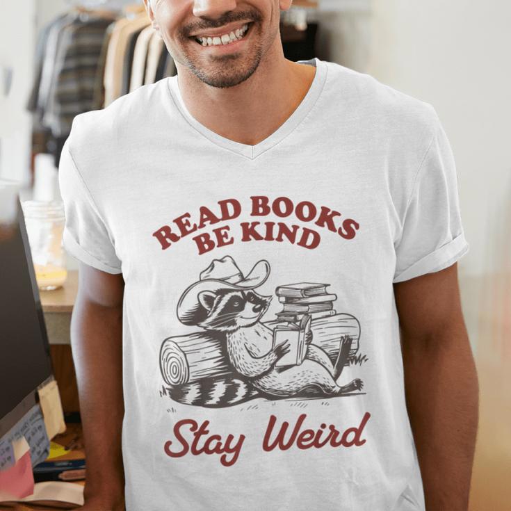 Read Books Be Kind Stay Weird Bookish Cowboy Reading Raccoon Men's V-Neck T-Shirt