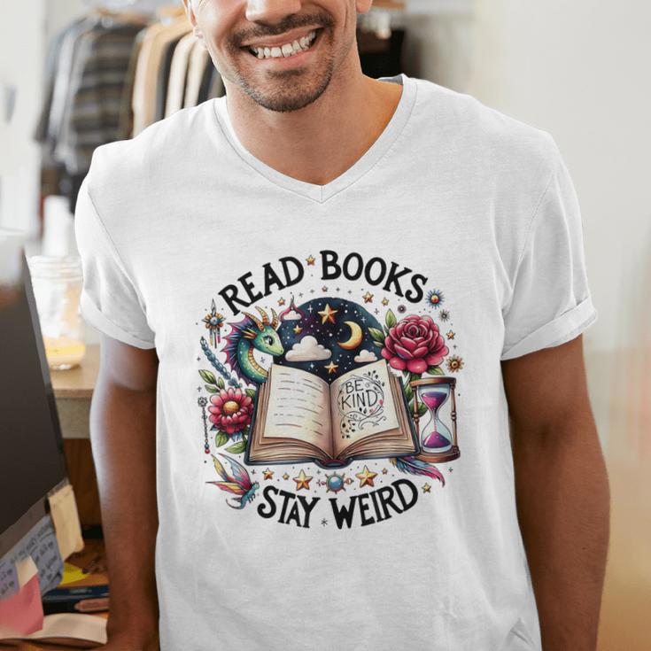 Read Books Be Kind Stay Weird Dragon Book Lover Men's V-Neck T-Shirt