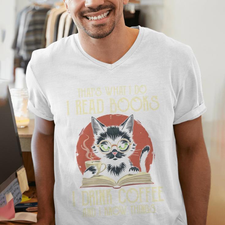 i Read Books And i Know Things Cat Reading Cat Coffee Books Men's V-Neck T-Shirt i Read Books And i Know Things Cat Reading Cat Coffee Books Men's V-Neck T-Shirt