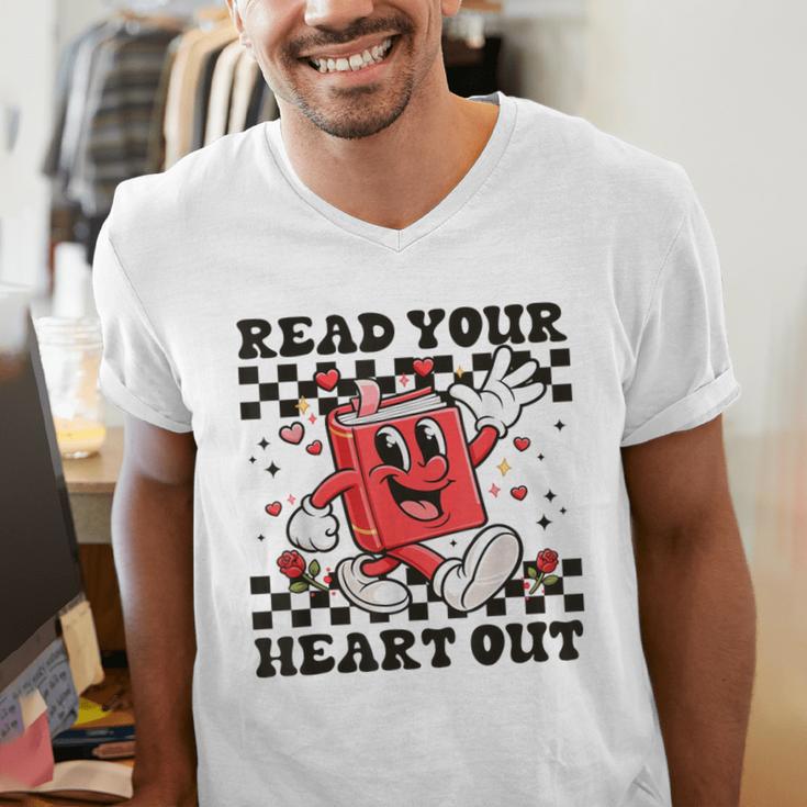 Read Your Heart Out Teacher Valentines Book Lover Men's V-Neck T-Shirt Read Your Heart Out Teacher Valentines Book Lover Men's V-Neck T-Shirt