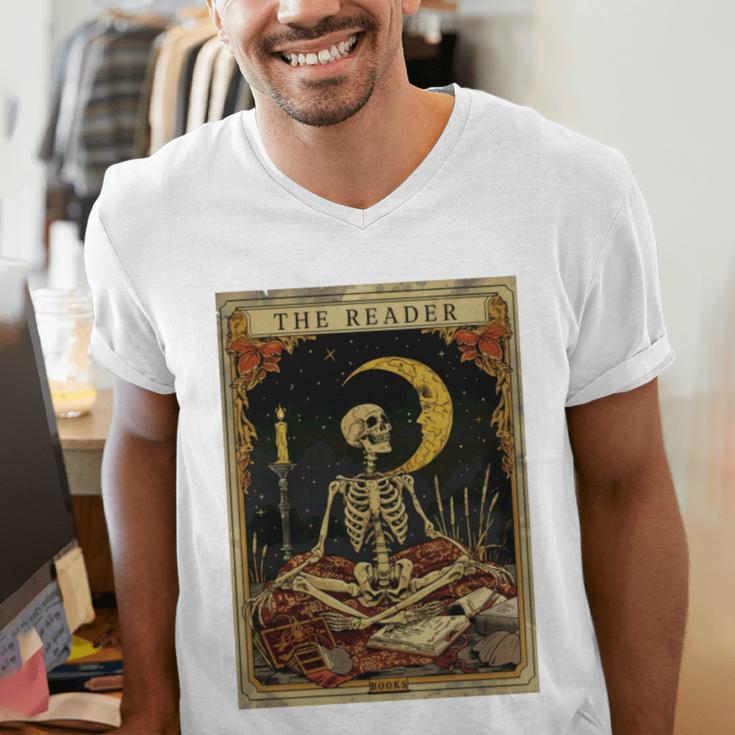 The Reader Tarot Card Book Lover Skeleton Art Goth Style Men's V-Neck T-Shirt The Reader Tarot Card Book Lover Skeleton Art Goth Style Men's V-Neck T-Shirt