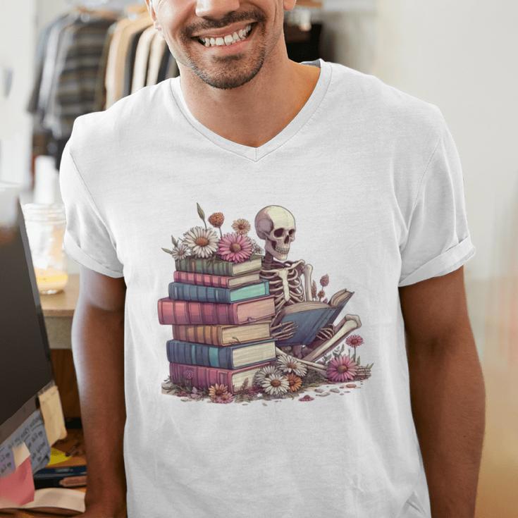 Reading A Book Per Day Keeps Reality Away Skeleton Books Men's V-Neck T-Shirt Reading A Book Per Day Keeps Reality Away Skeleton Books Men's V-Neck T-Shirt