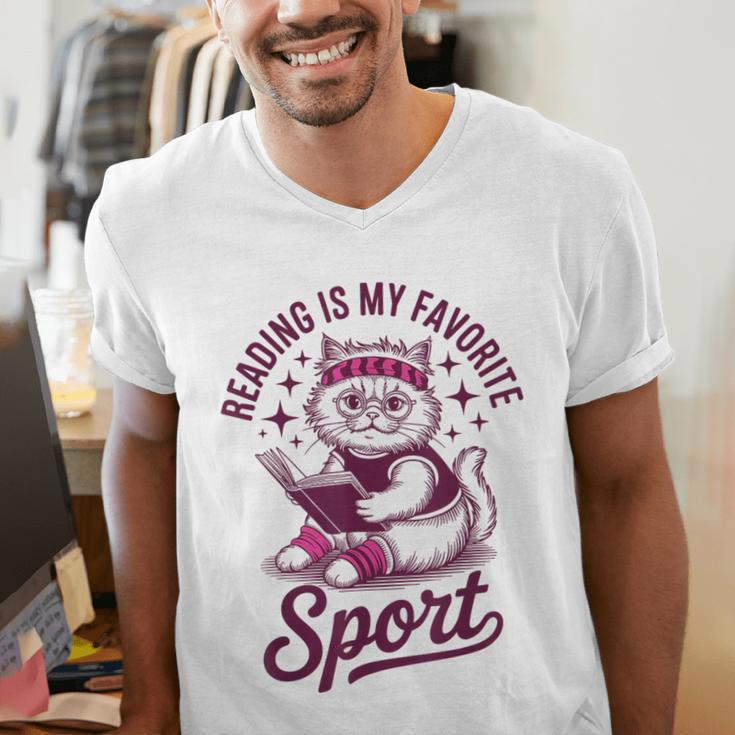 Reading Is My Favorite Sport Cat And Book Lover Women Men's V-Neck T-Shirt Reading Is My Favorite Sport Cat And Book Lover Women Men's V-Neck T-Shirt