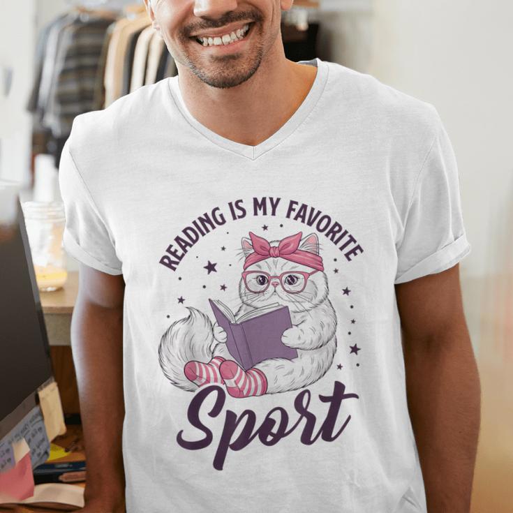Reading Is My Favorite Sport Saying Cat And Book Lover Men's V-Neck T-Shirt Reading Is My Favorite Sport Saying Cat And Book Lover Men's V-Neck T-Shirt