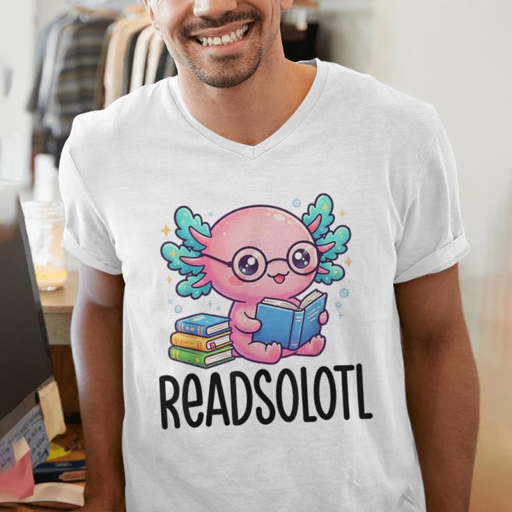 Readsolotl Cute Axolotl Reading Book Kawaii Pink Aesthetic Men's V-Neck T-Shirt