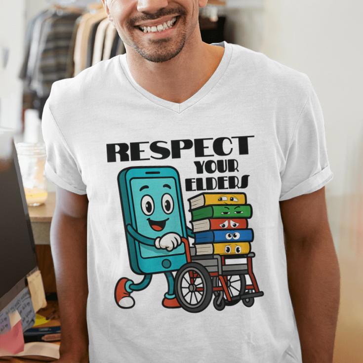 Respect Elders Cellphone Pushing Books In a Wheelchair Men's V-Neck T-Shirt Respect Elders Cellphone Pushing Books In a Wheelchair Men's V-Neck T-Shirt