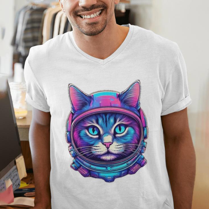 Retro 80s Cat In Space Suit Nostalgia Cat Vintage Astronaut Men's V-Neck T-Shirt