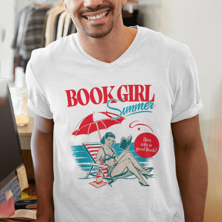 Retro Book Girl Summer For Women Beach Reading Men's V-Neck T-Shirt