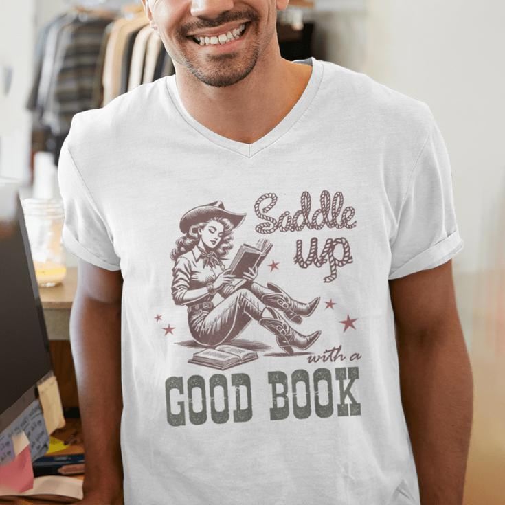 Retro Cowgirl ReadingTee Saddle Up With A Good Book Western Men's V-Neck T-Shirt