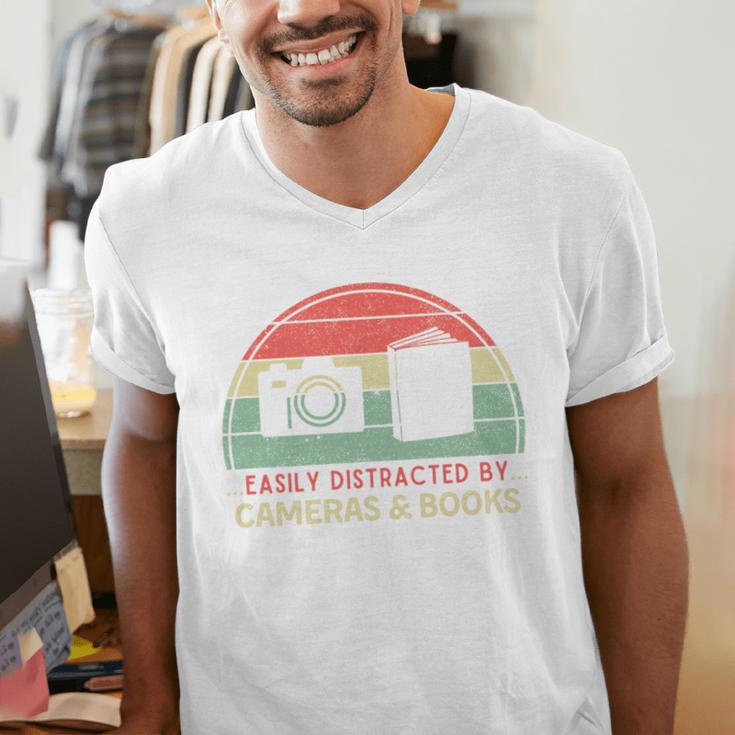 Retro Easily Distracted By Cameras & Books Photography Men's V-Neck T-Shirt Retro Easily Distracted By Cameras & Books Photography Men's V-Neck T-Shirt