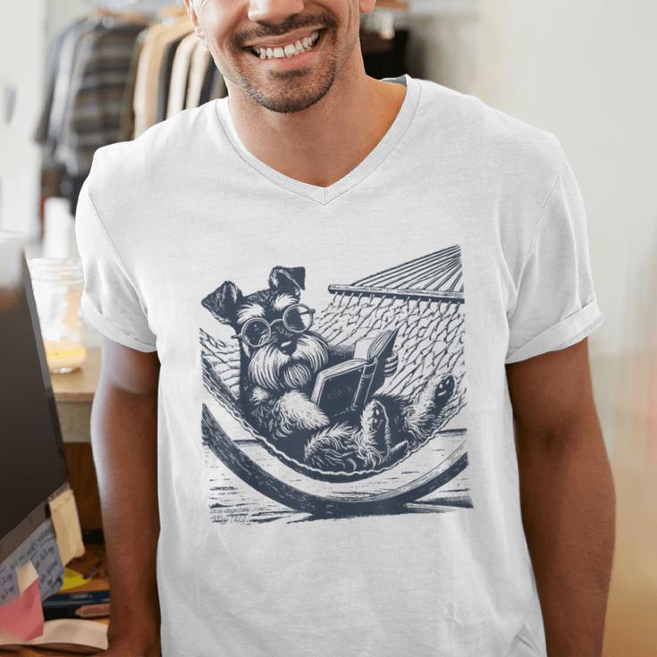Schnauzer Hammock Reading Book Schnauzer Glasses Men's V-Neck T-Shirt