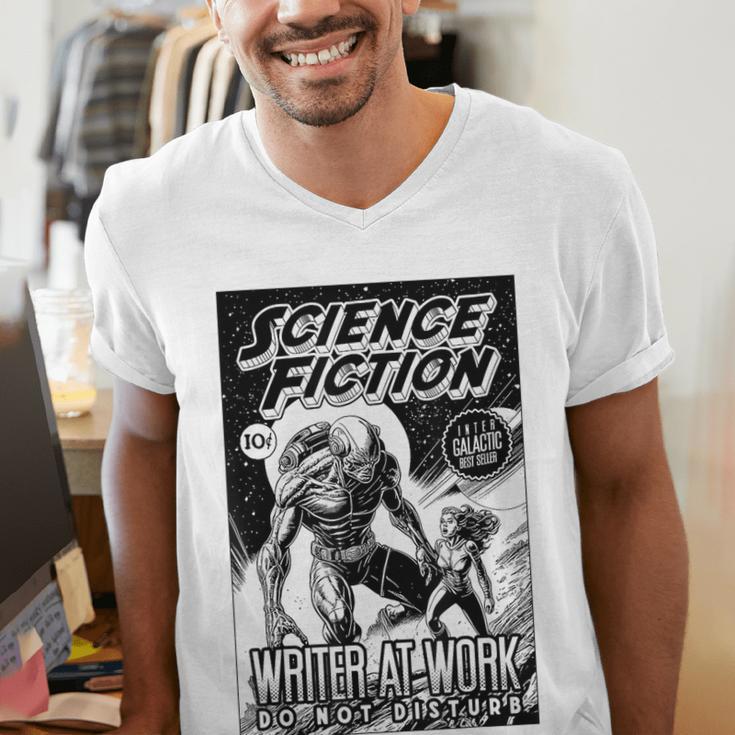 Science Fiction Writer At Work Vintage Book Cover Men's V-Neck T-Shirt