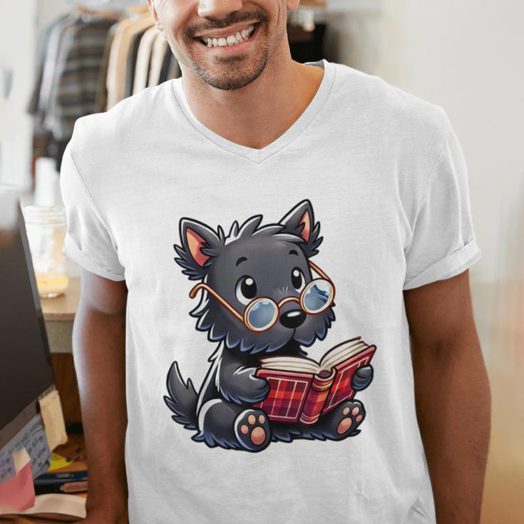 Scottish Terrier Reading a Book Dog Men's V-Neck T-Shirt