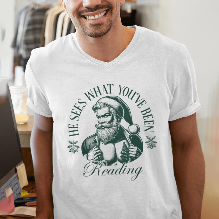 He Sees What You'Ve Been Reading Bookish Christmas Men's V-Neck T-Shirt He Sees What You'Ve Been Reading Bookish Christmas Men's V-Neck T-Shirt