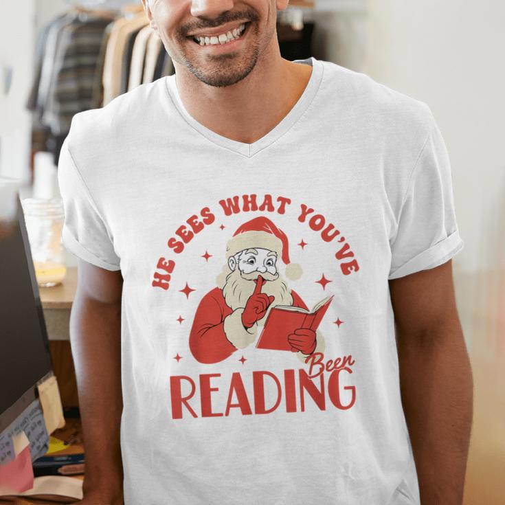 He Sees What You'Ve Been Reading Santa Book Men's V-Neck T-Shirt